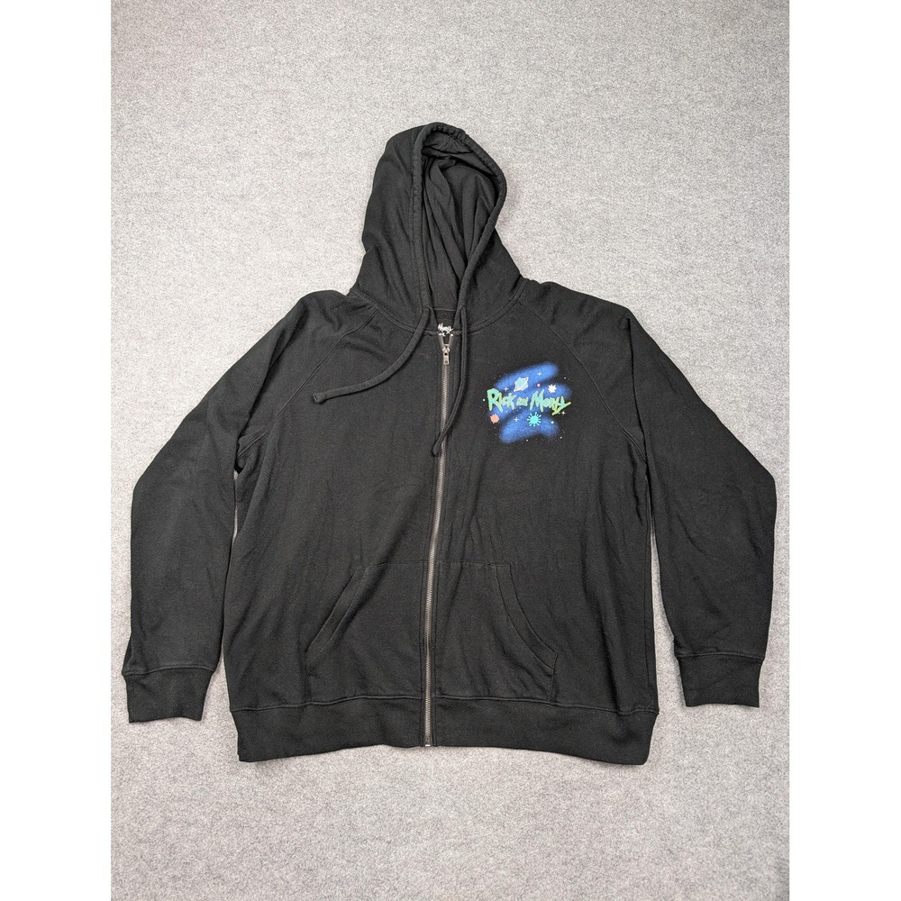 Rick And Morty Hoodie Mens 2XL Black Full Zip Fleece Adult Swim Graphic